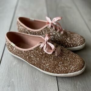 Kate Spade X Keds Glitter Ribbon Lace Sneakers size 8.5 Rose Gold